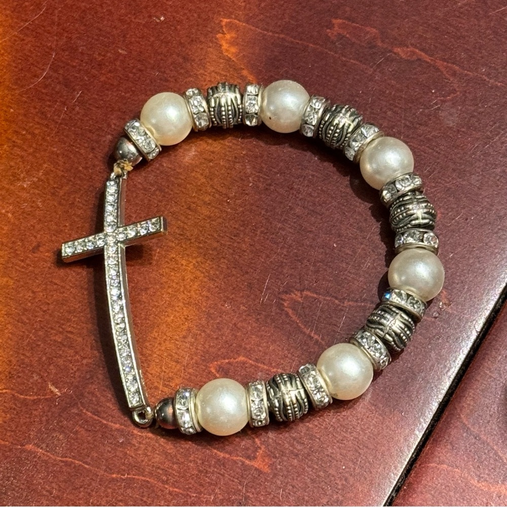 Cross Bracelet Silver and Pearl Charms